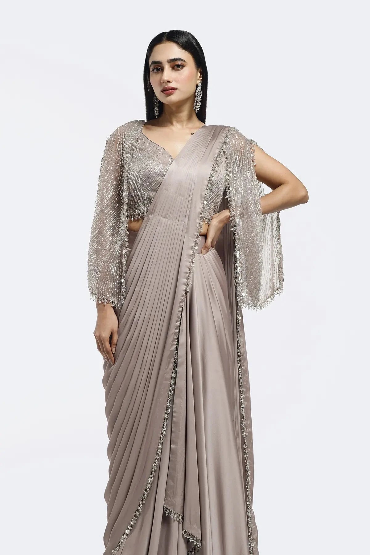Short Cape Sleeve Drape Saree - Pallodstore