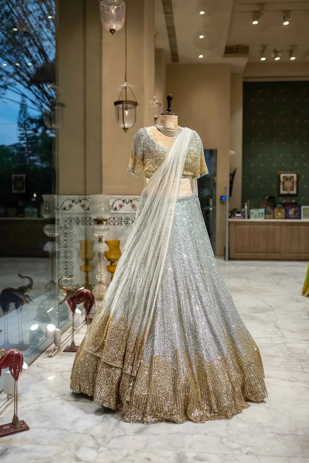 Silver And Gold Mix Border Net Lehenga - Pallodstore