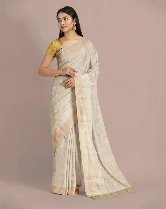 Silver Grey Banarasi Tissue Saree - Pallodstore