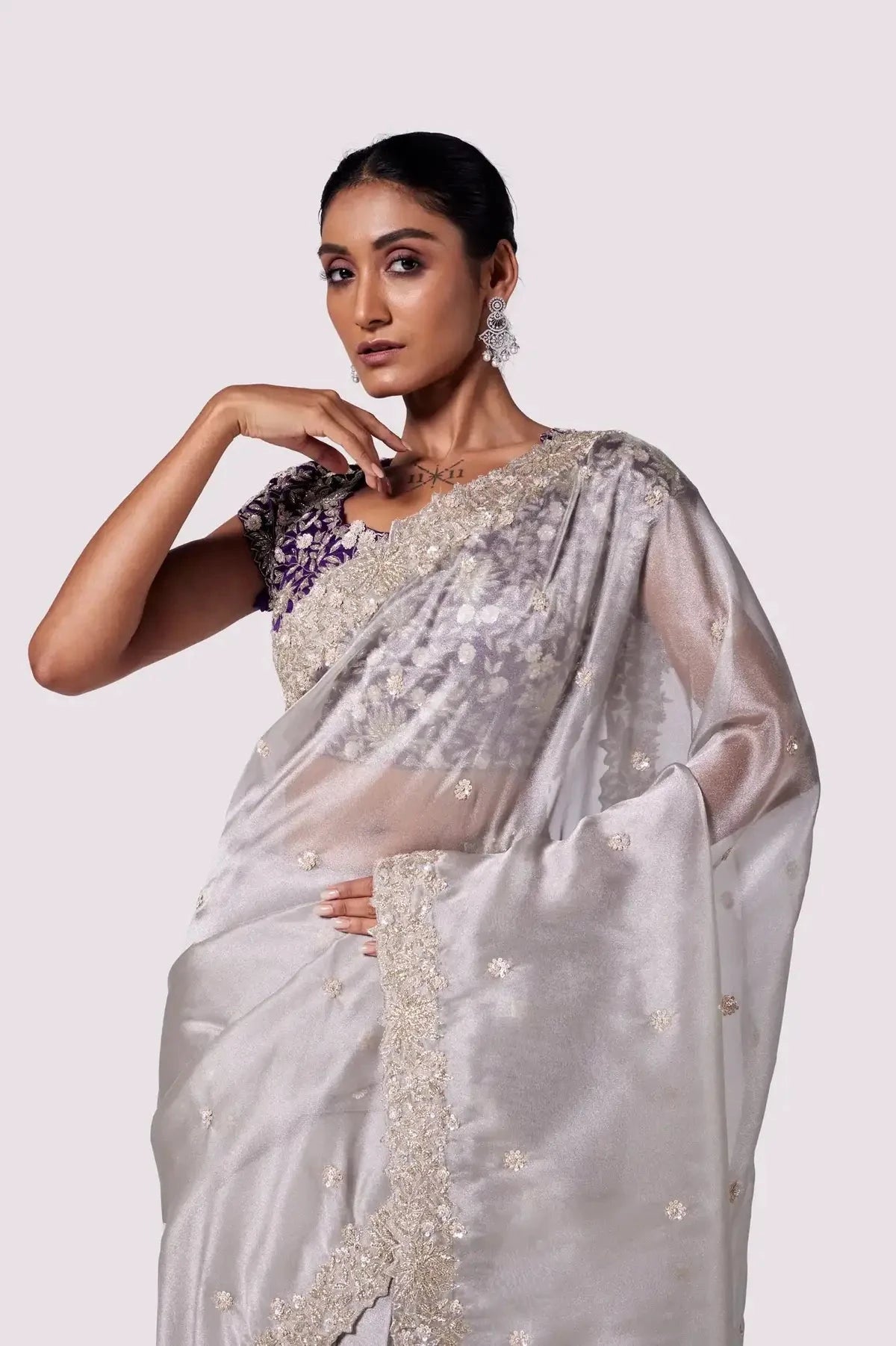 Silver Purple Tikki Organza Saree - Pallodstore