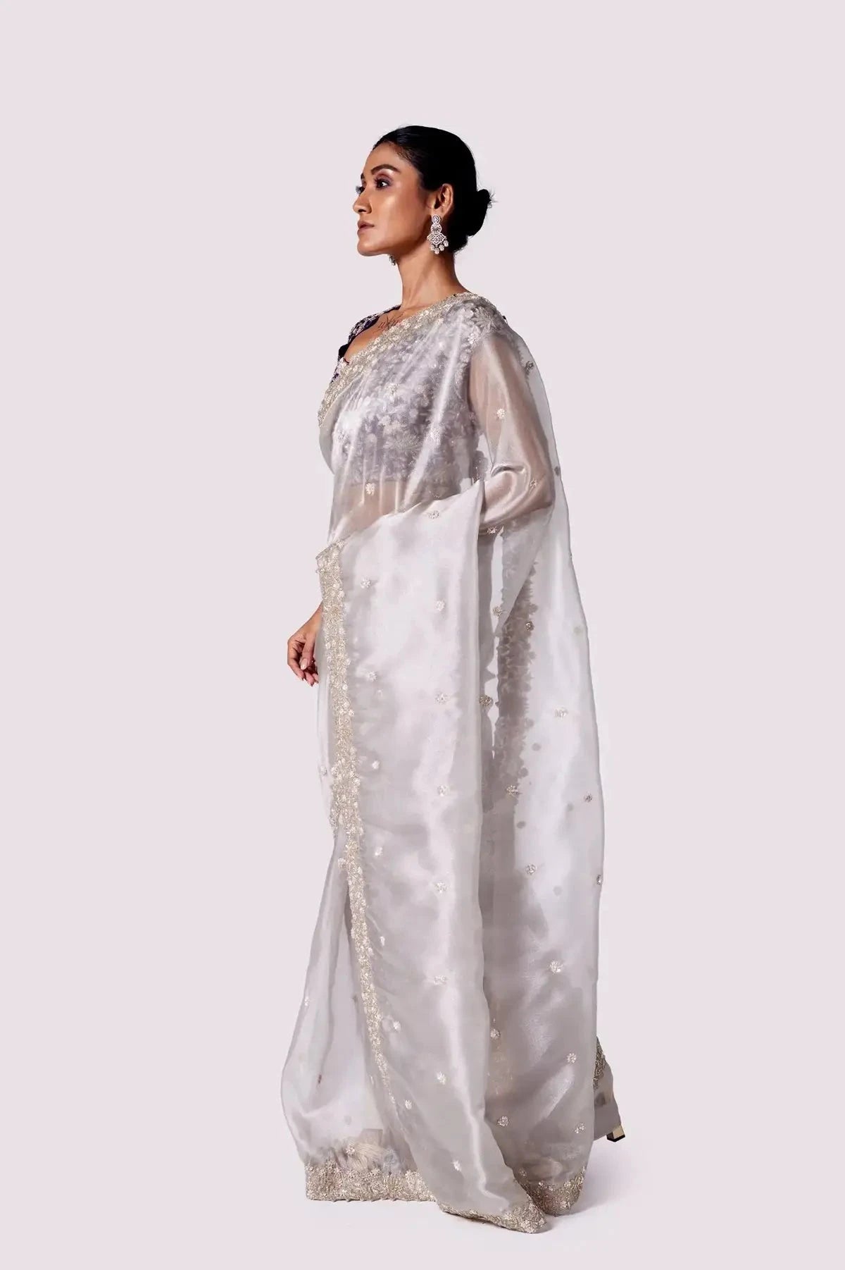 Silver Purple Tikki Organza Saree - Pallodstore
