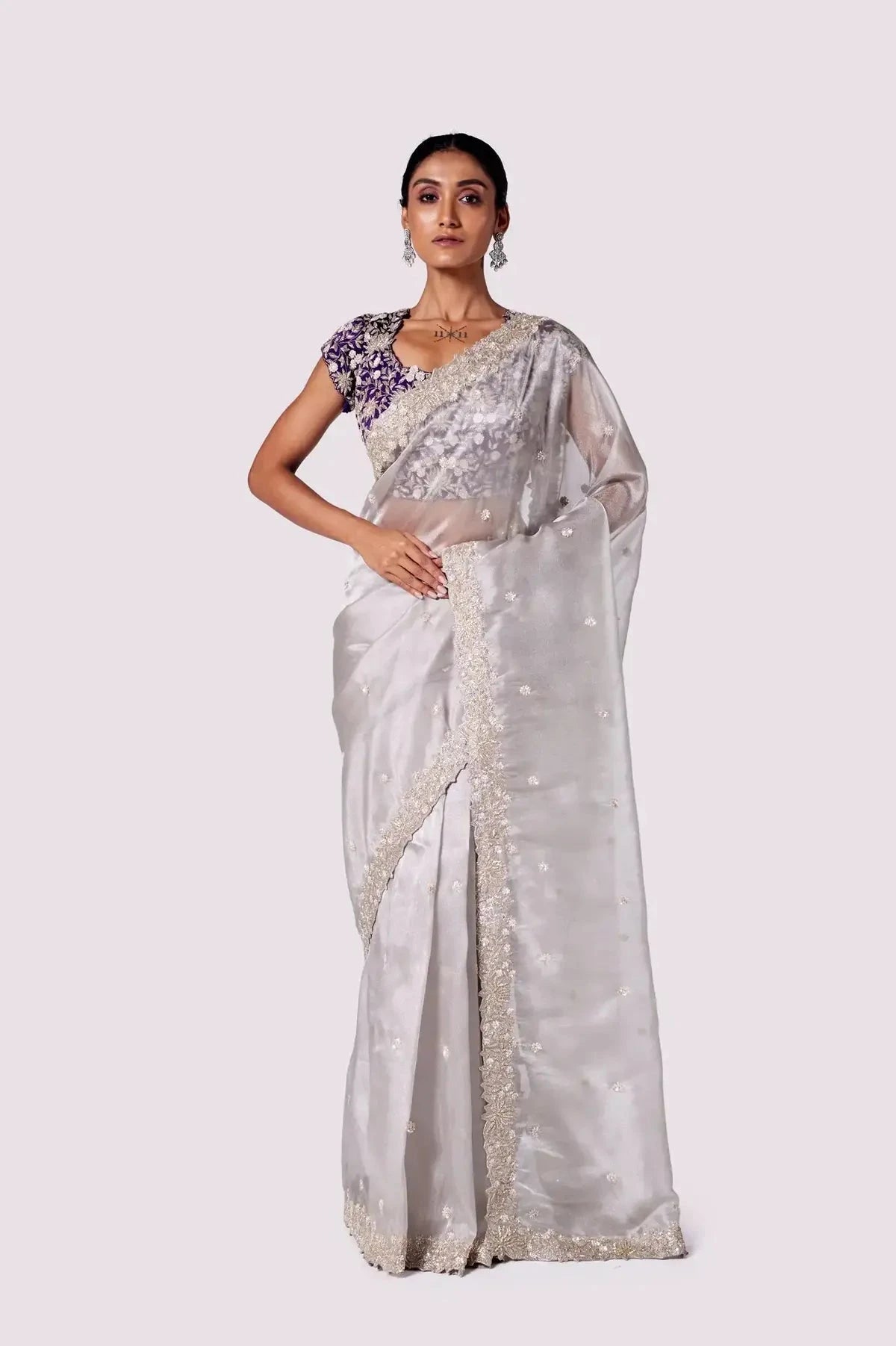 Silver Purple Tikki Organza Saree - Pallodstore