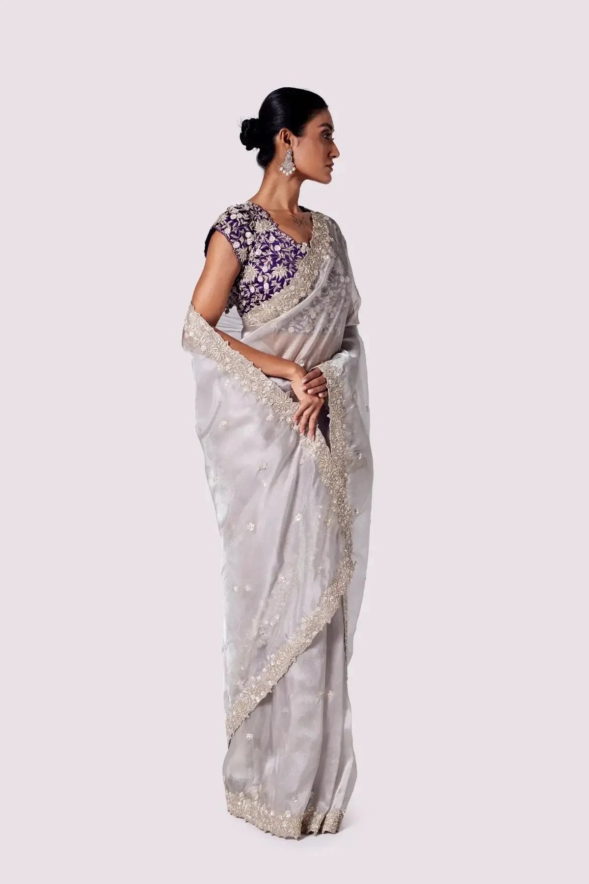 Silver Purple Tikki Organza Saree - Pallodstore