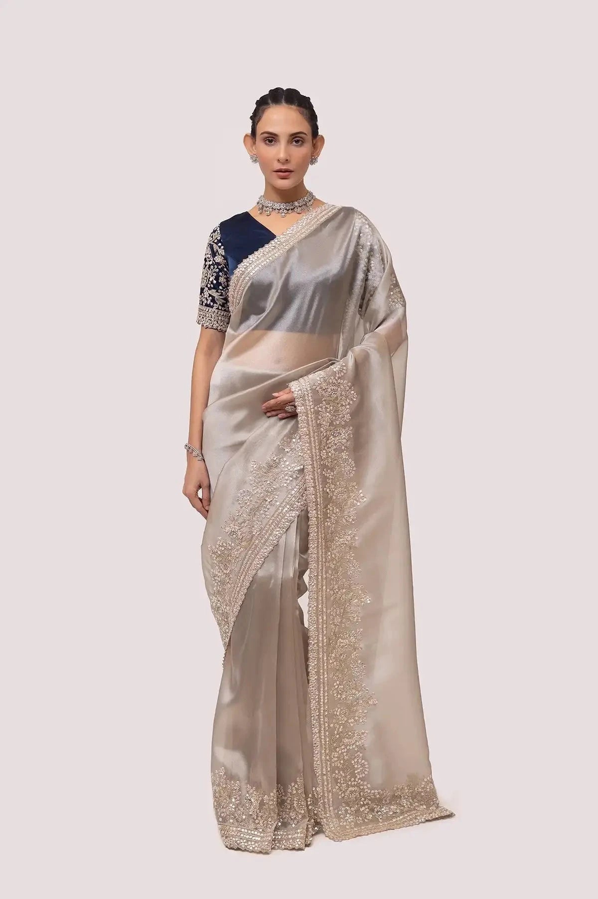 Silver and Navy Blue Organza Saree - Pallodstore