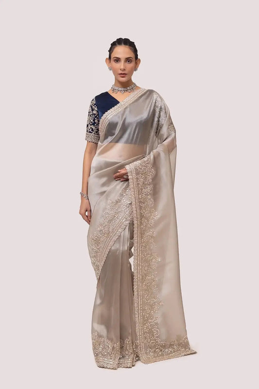 Silver and Navy Blue Organza Saree - Pallodstore