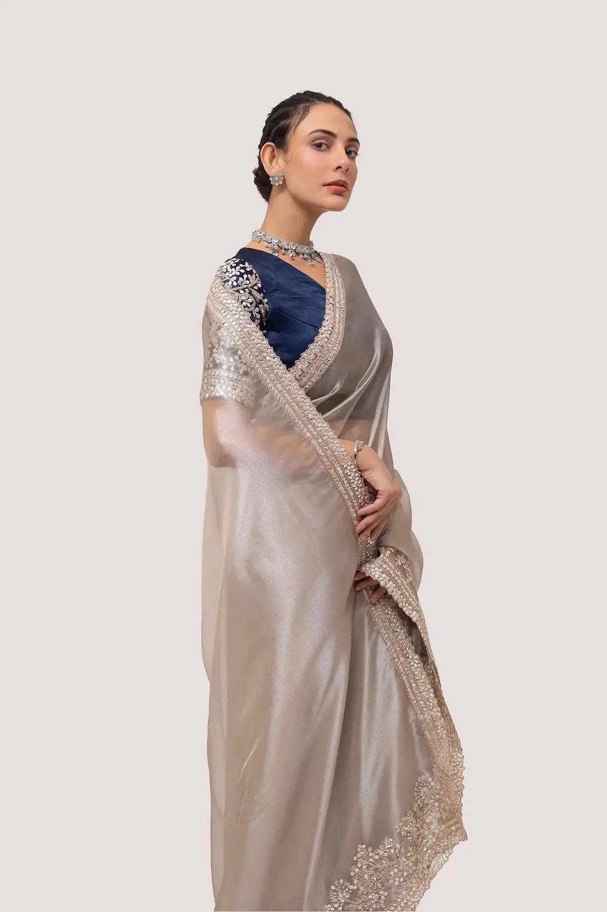 Silver and Navy Blue Organza Saree - Pallodstore