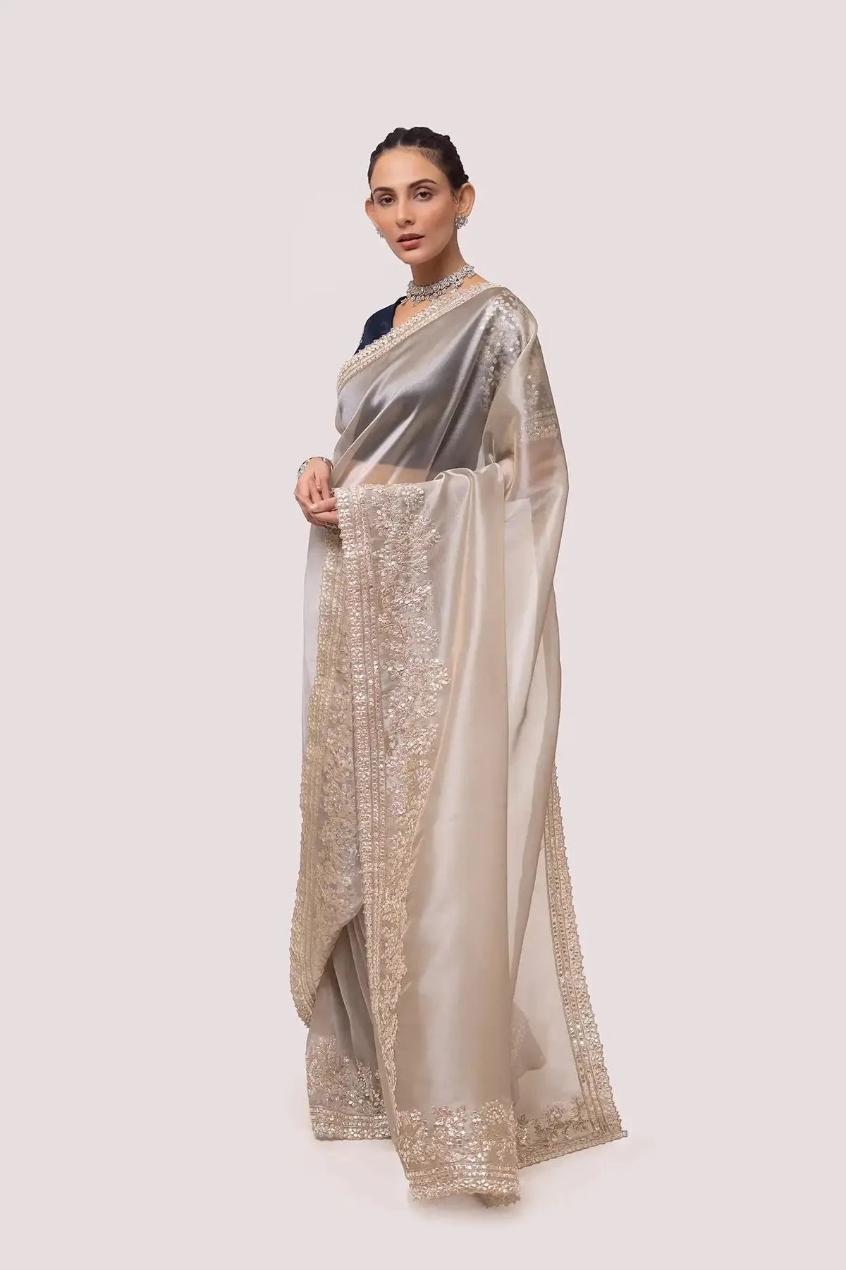 Silver and Navy Blue Organza Saree - Pallodstore