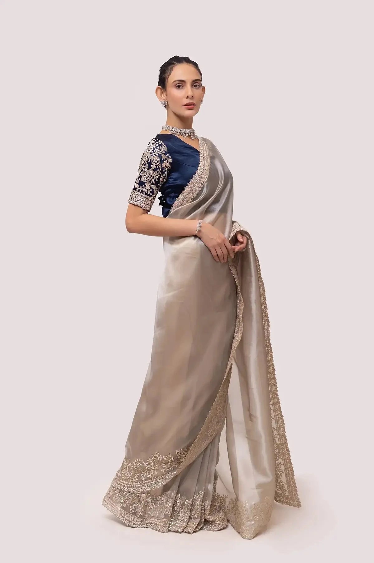Silver and Navy Blue Organza Saree - Pallodstore