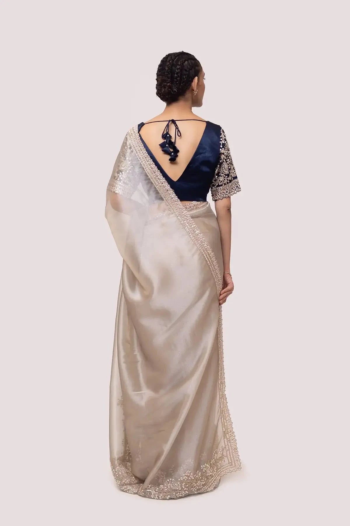Silver and Navy Blue Organza Saree - Pallodstore