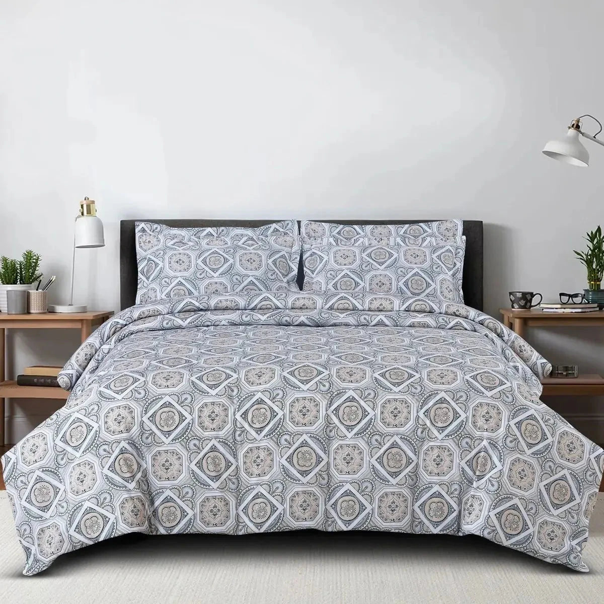 Sion Printed White 500TC Egyptian Cotton Bedding Set - Pallodstore