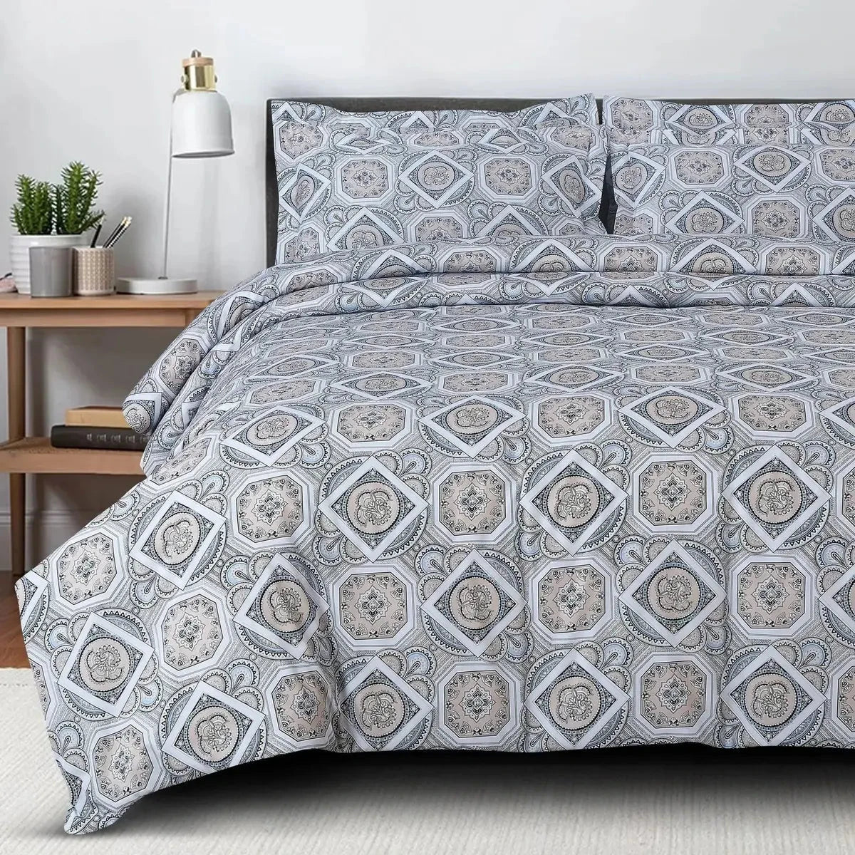 Sion Printed White 500TC Egyptian Cotton Bedding Set - Pallodstore