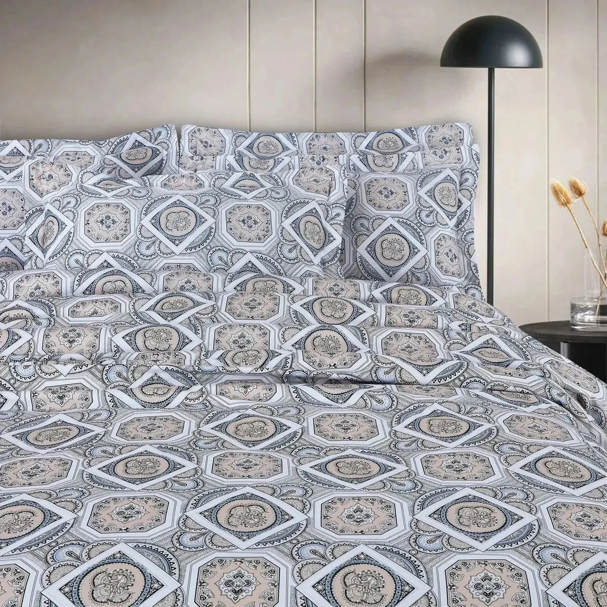 Sion Printed White 500TC Egyptian Cotton Bedding Set - Pallodstore