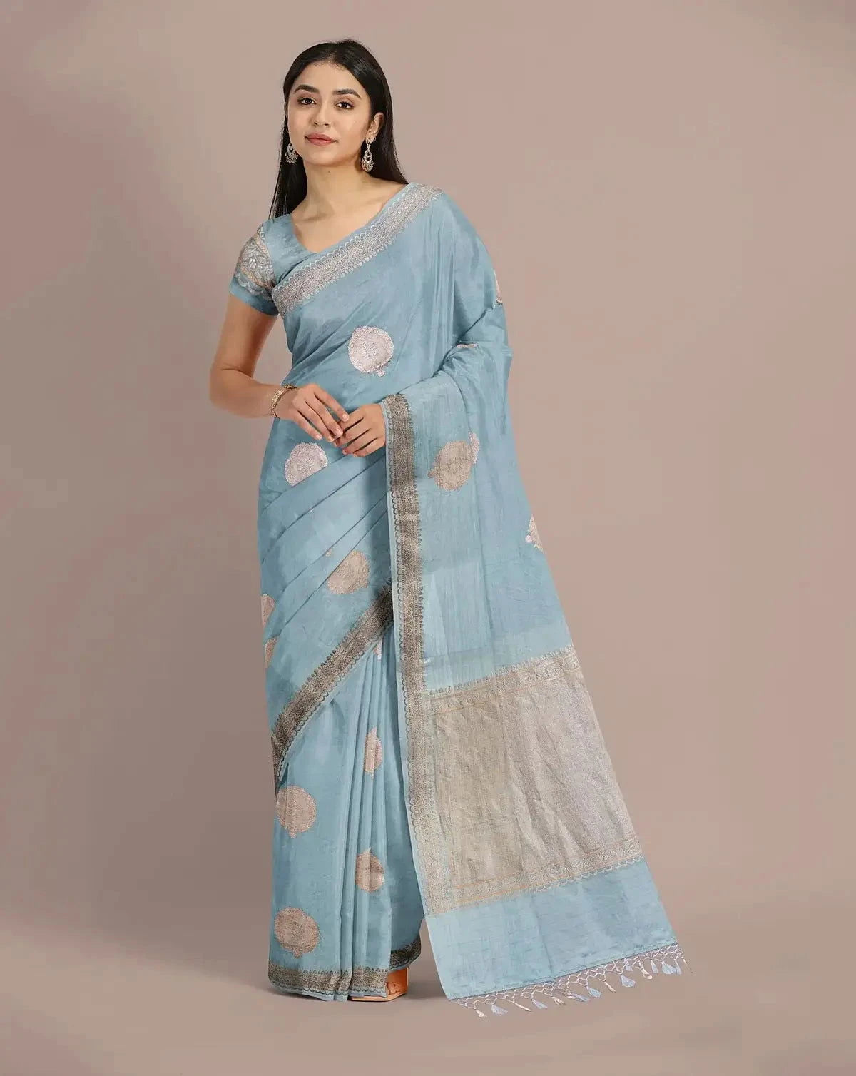 Sky Blue Banarasi Satin Saree - Pallodstore