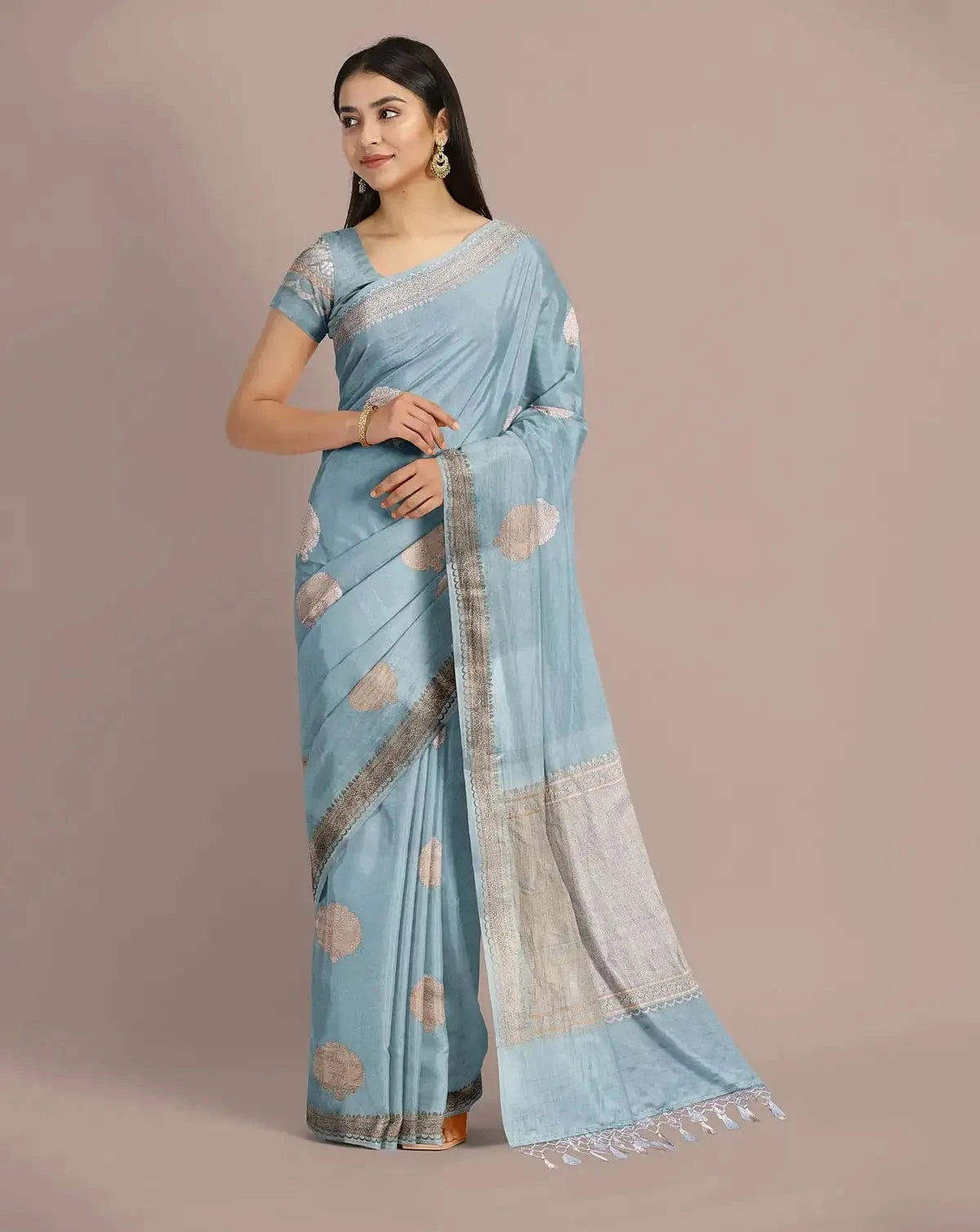 Sky Blue Banarasi Satin Saree - Pallodstore