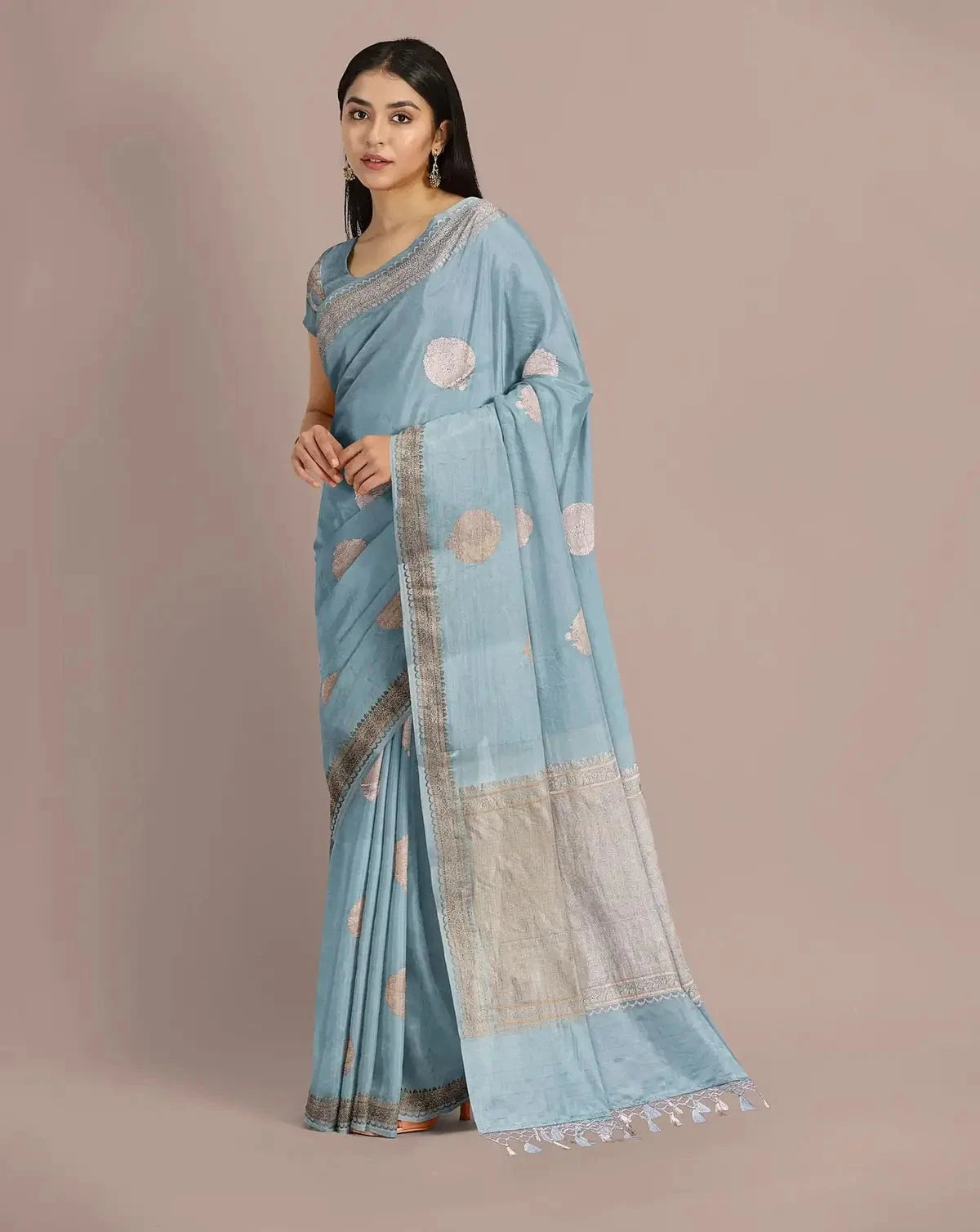 Sky Blue Banarasi Satin Saree - Pallodstore