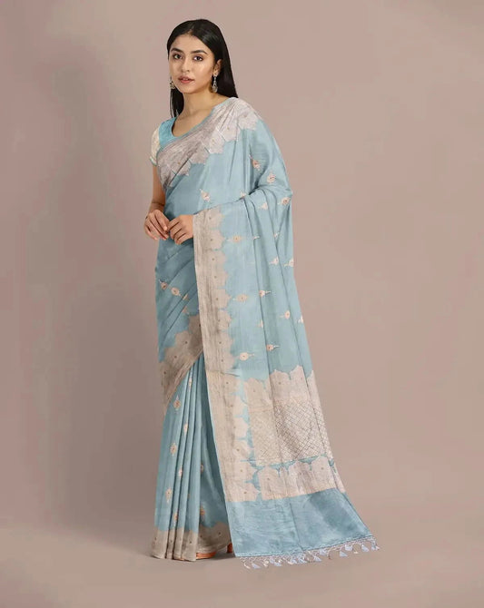 Sky Blue Banarasi mashru Silk Saree - Pallodstore