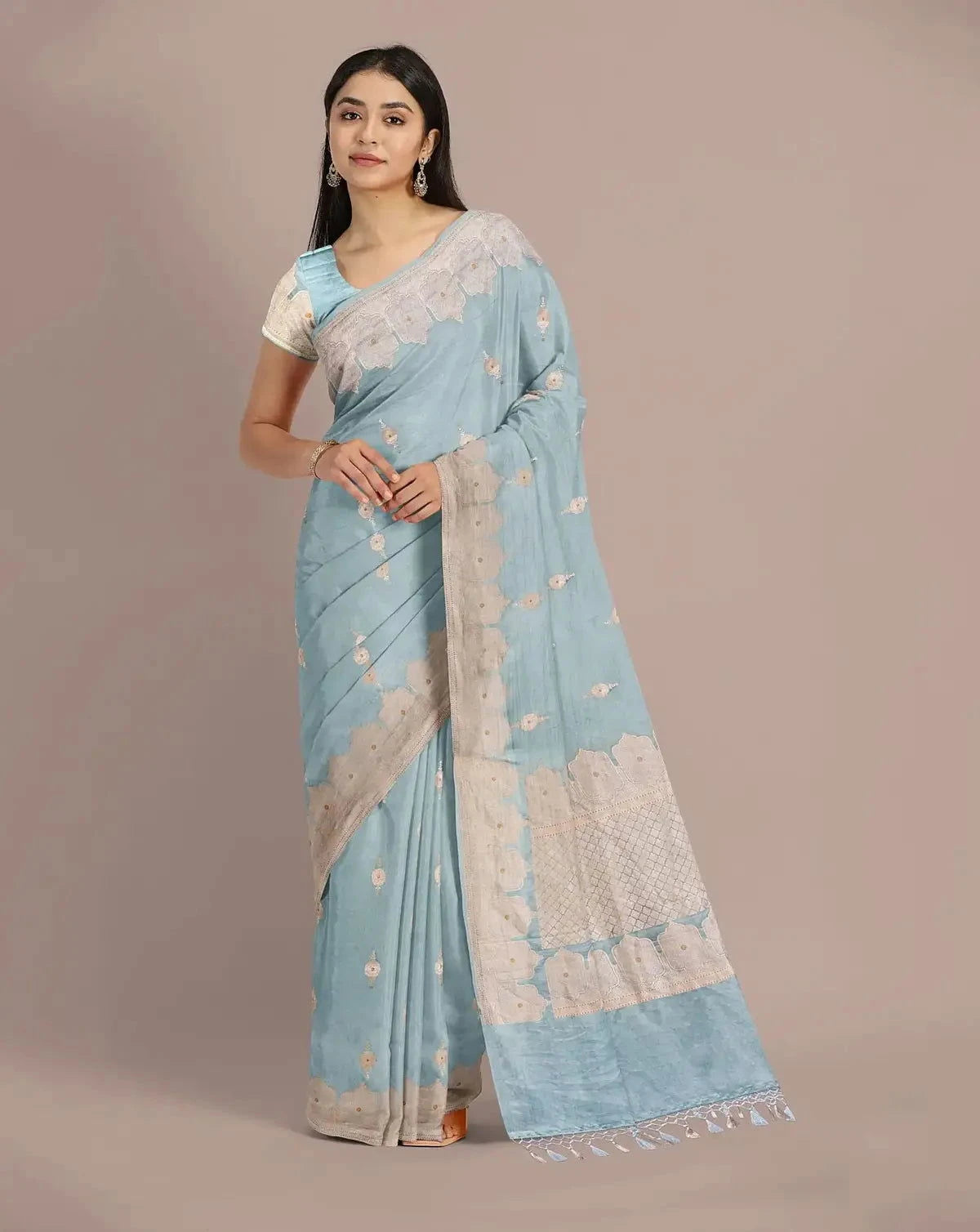 Sky Blue Banarasi mashru Silk Saree - Pallodstore