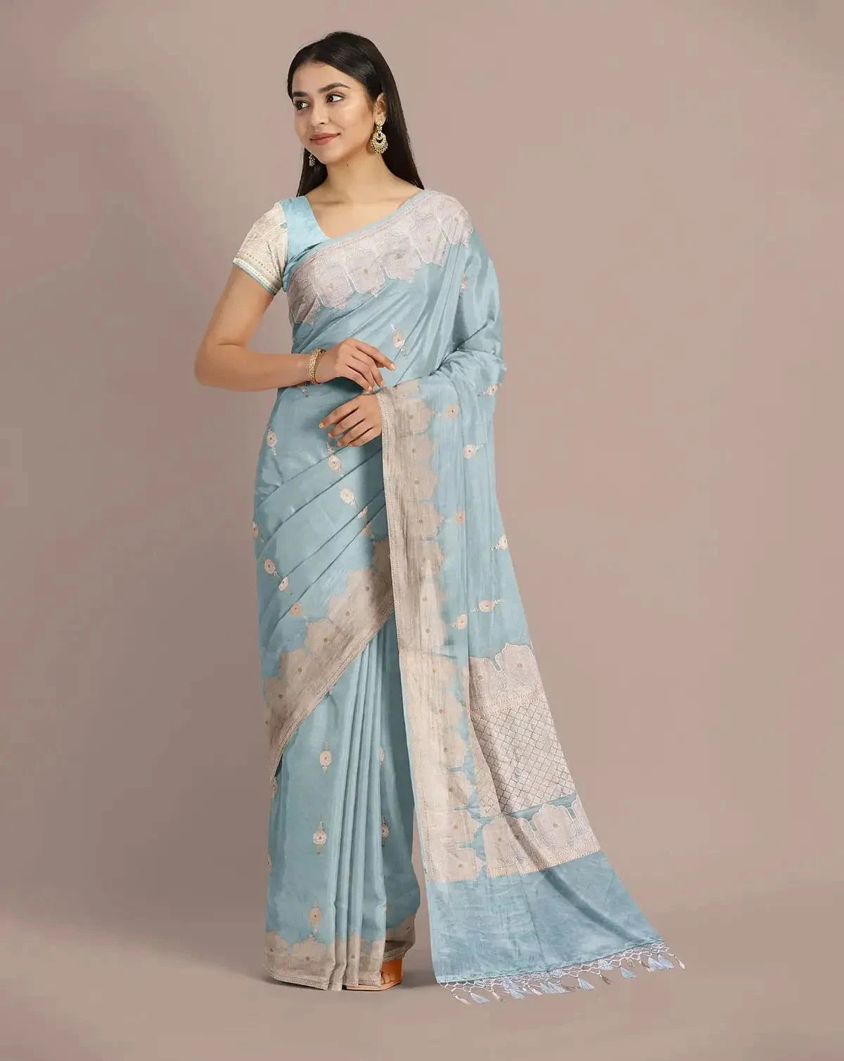Sky Blue Banarasi mashru Silk Saree - Pallodstore