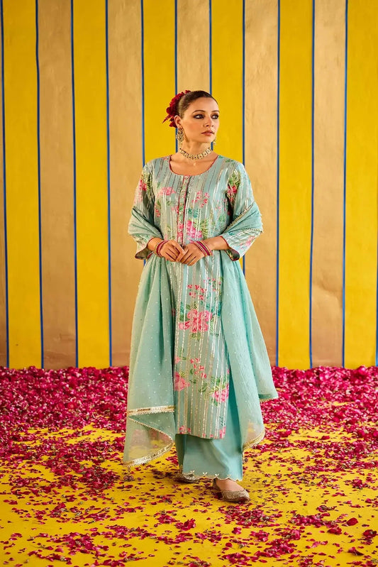 Sky Blue Chanderi Kurta With Embroidered Pants And Dupatta - Pallodstore