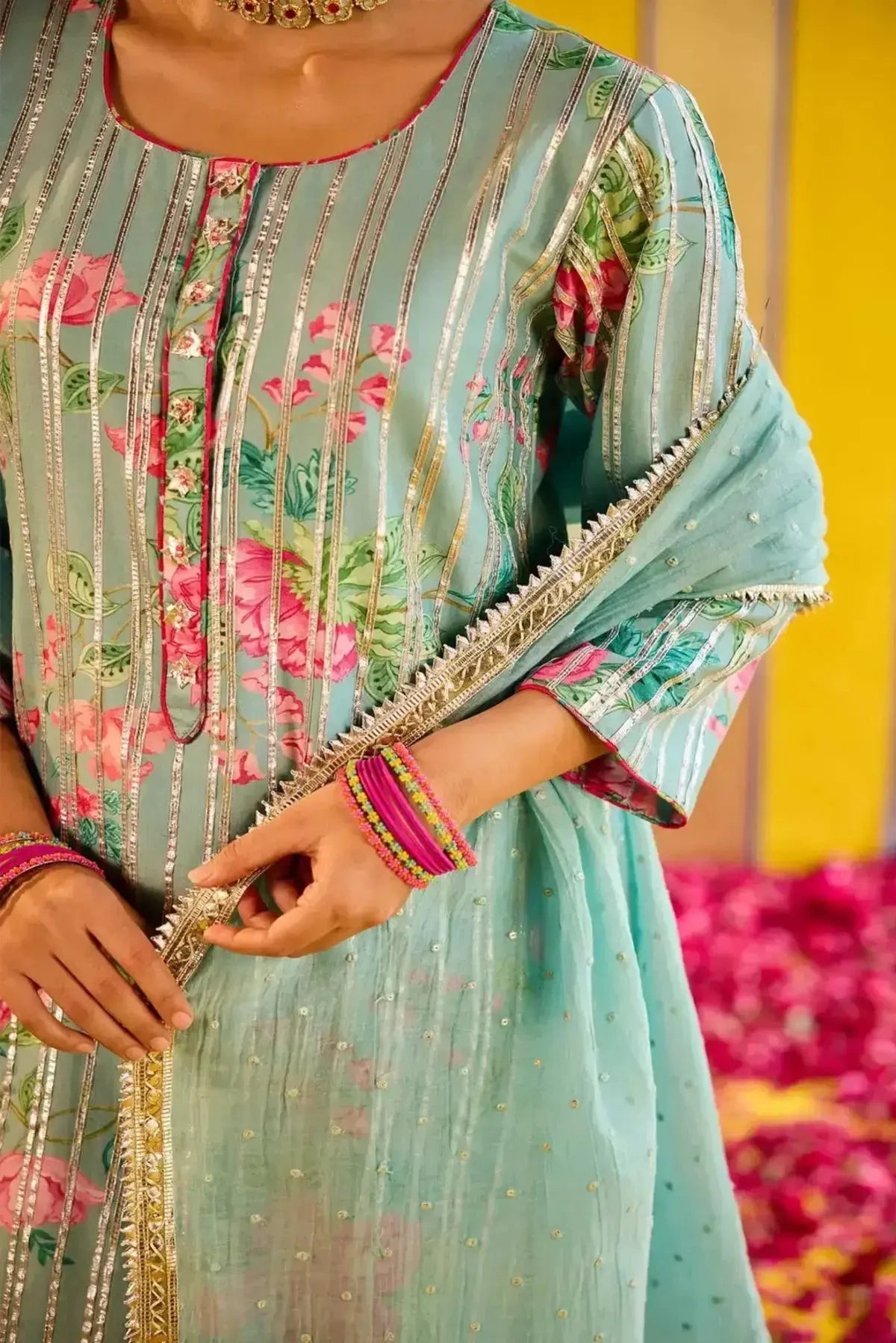 Sky Blue Chanderi Kurta With Embroidered Pants And Dupatta - Pallodstore