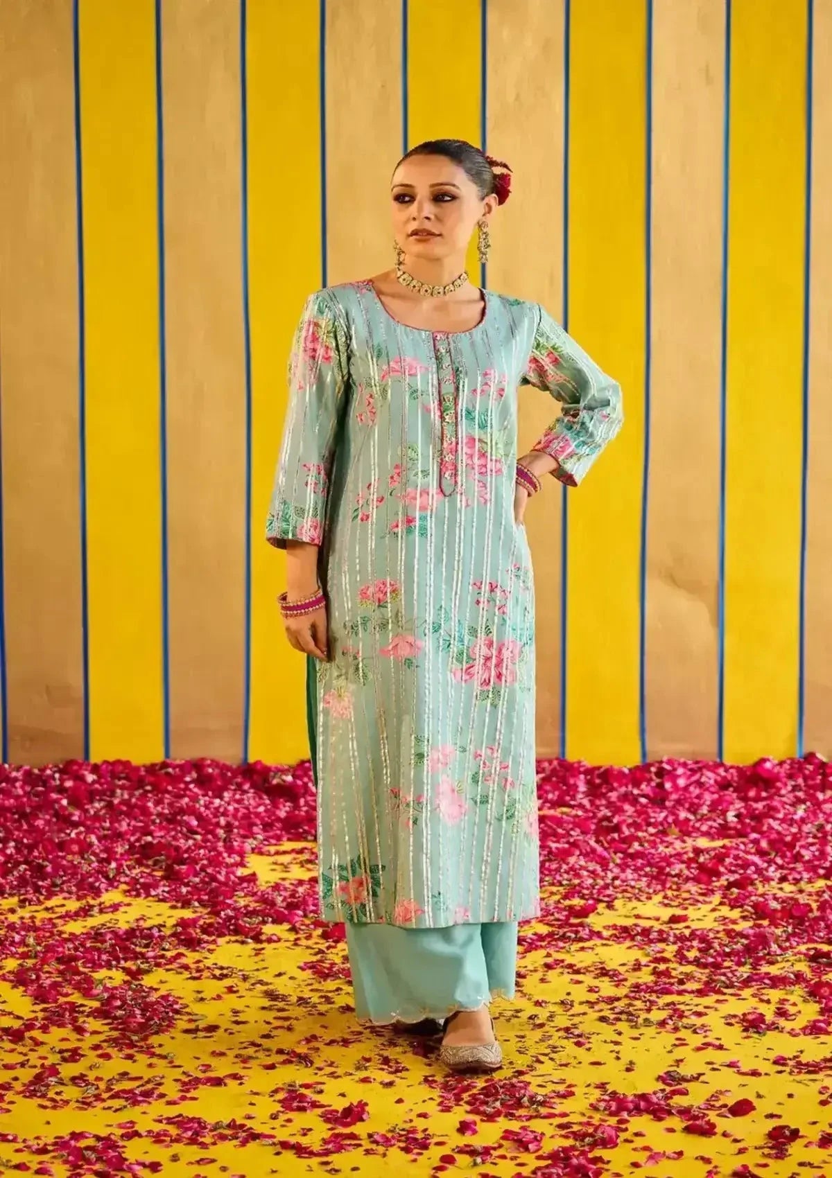 Sky Blue Chanderi Kurta With Embroidered Pants And Dupatta - Pallodstore