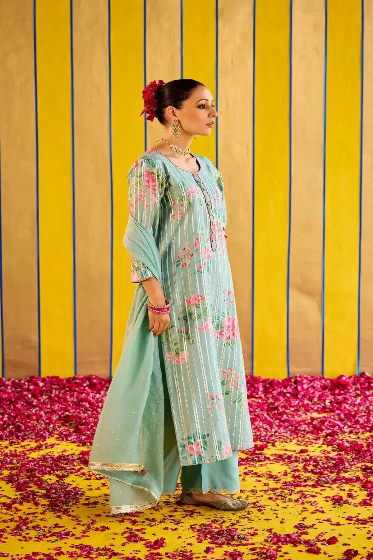 Sky Blue Chanderi Kurta With Embroidered Pants And Dupatta - Pallodstore