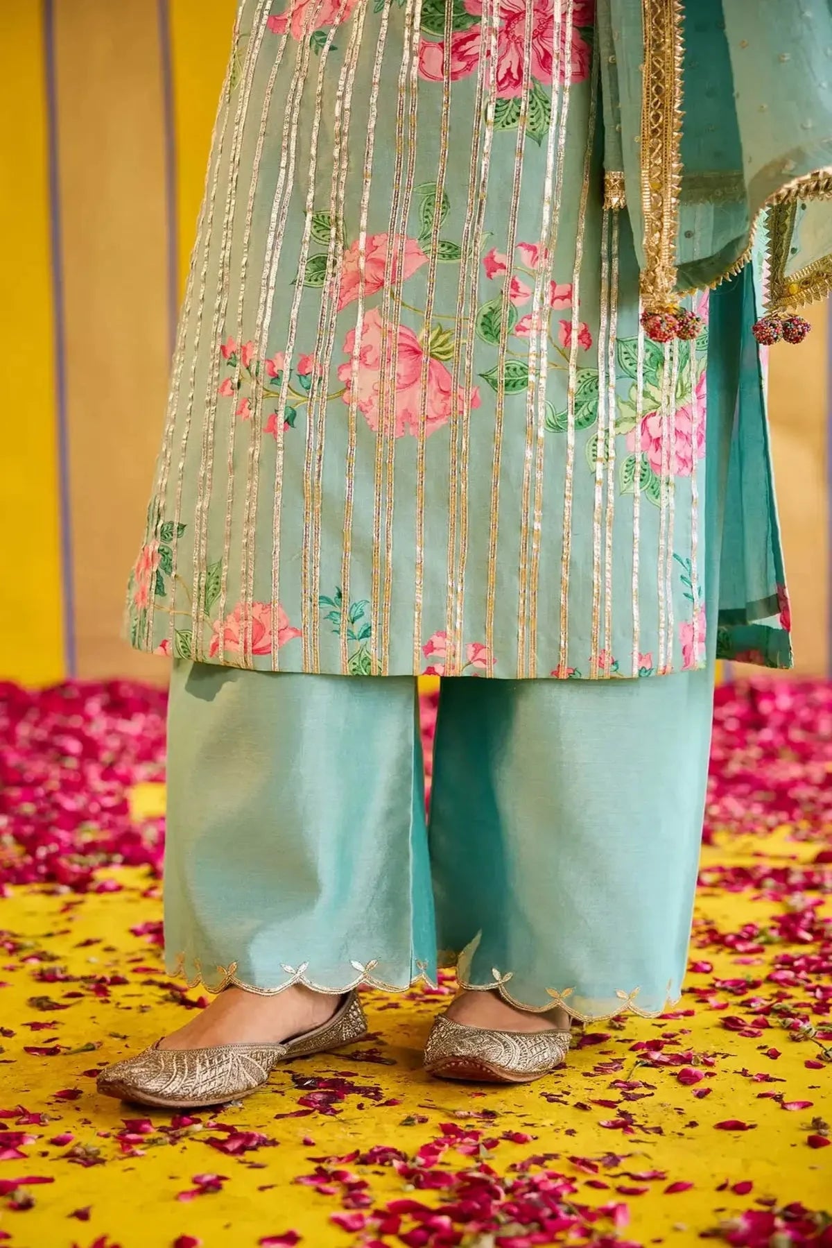 Sky Blue Chanderi Kurta With Embroidered Pants And Dupatta - Pallodstore