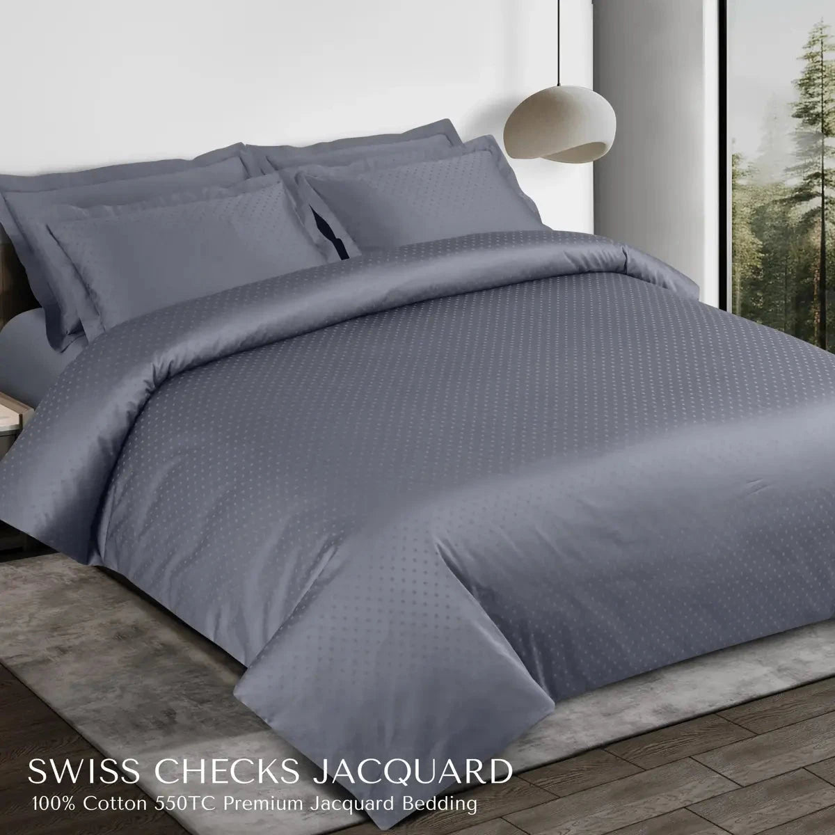 Swiss Checks Jacquard Grey King Size Bedsheet Set - Pallodstore