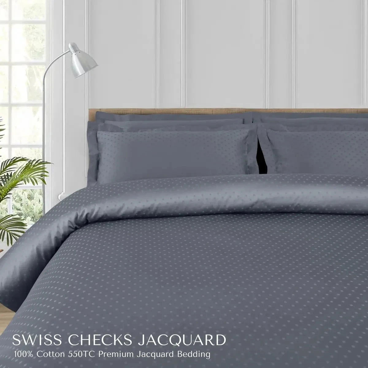 Swiss Checks Jacquard Grey King Size Bedsheet Set - Pallodstore