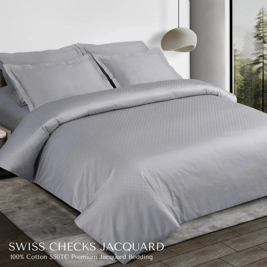 Swiss Checks Jacquard Light Grey King Size Bedsheet Set - Pallodstore