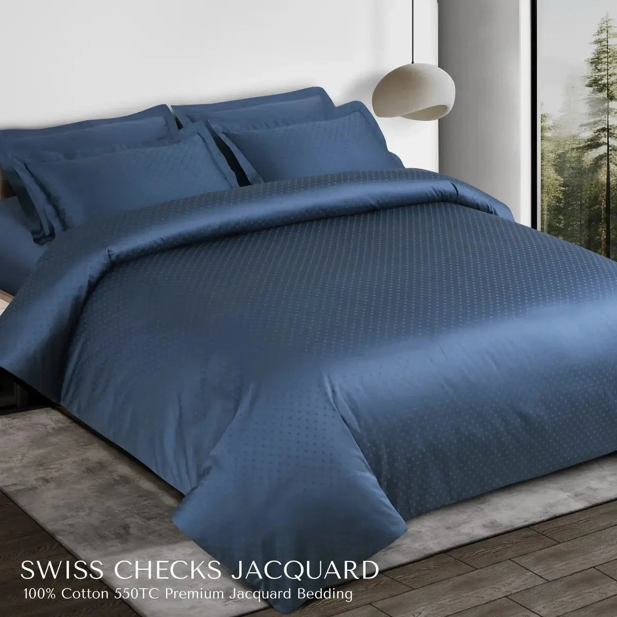 Swiss Checks Jacquard Majolica Blue King Size Bedsheet Set - Pallodstore