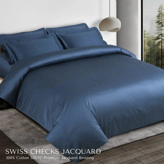 Swiss Checks Jacquard Majolica Blue King Size Bedsheet Set - Pallodstore