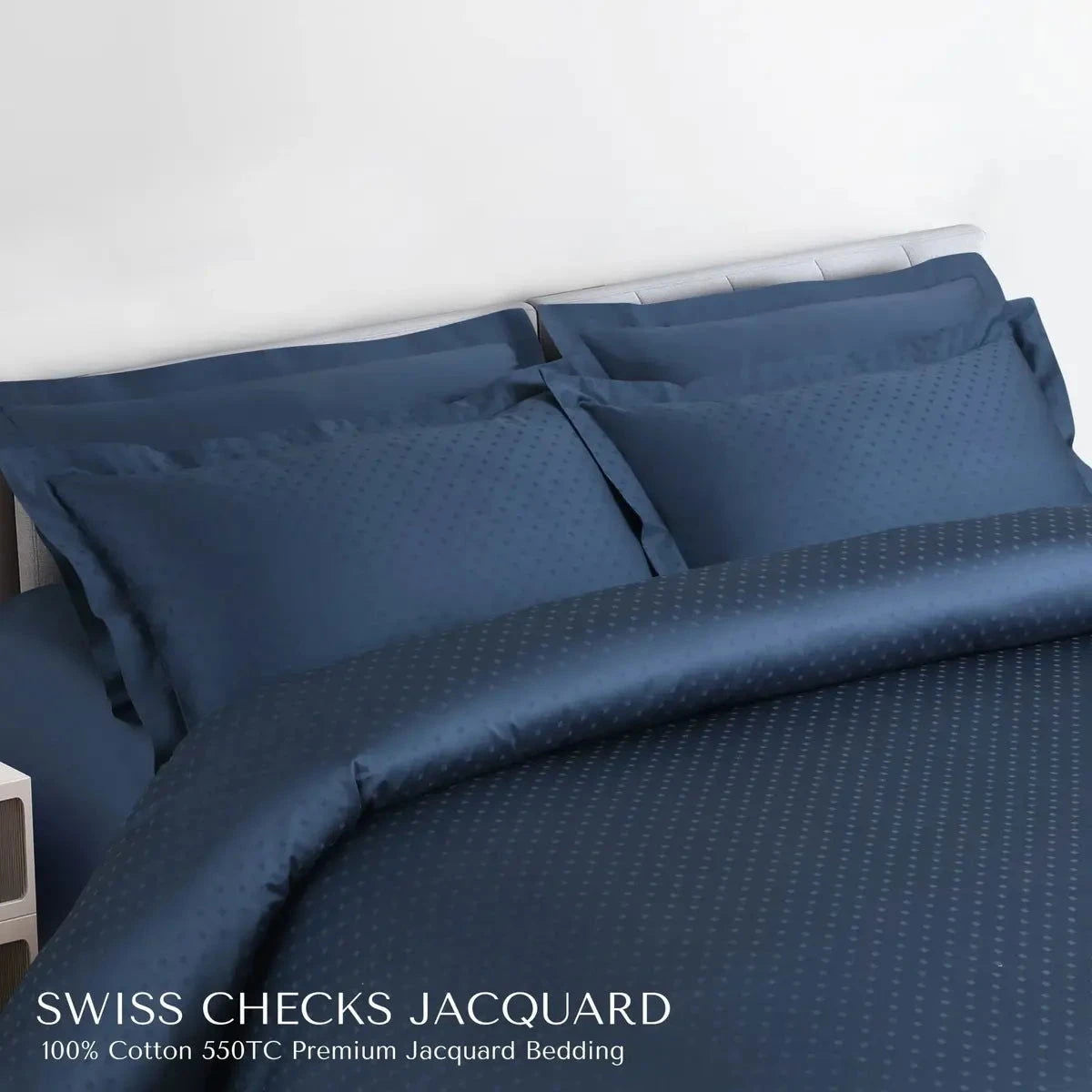 Swiss Checks Jacquard Majolica Blue King Size Bedsheet Set - Pallodstore