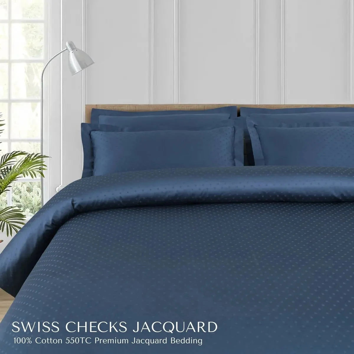 Swiss Checks Jacquard Majolica Blue King Size Bedsheet Set - Pallodstore