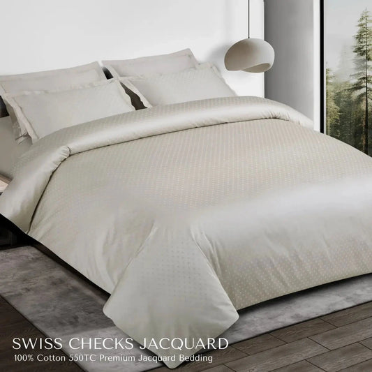 Swiss Checks Jacquard Olive Beige King Size Bedsheet Set - Pallodstore