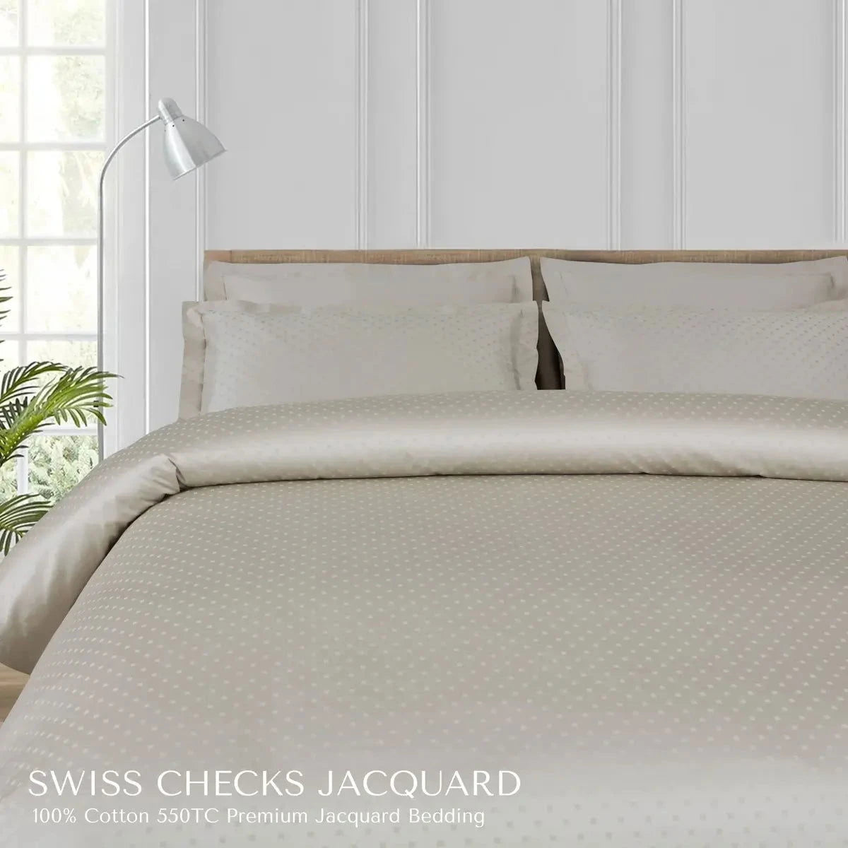 Swiss Checks Jacquard Olive Beige King Size Bedsheet Set - Pallodstore