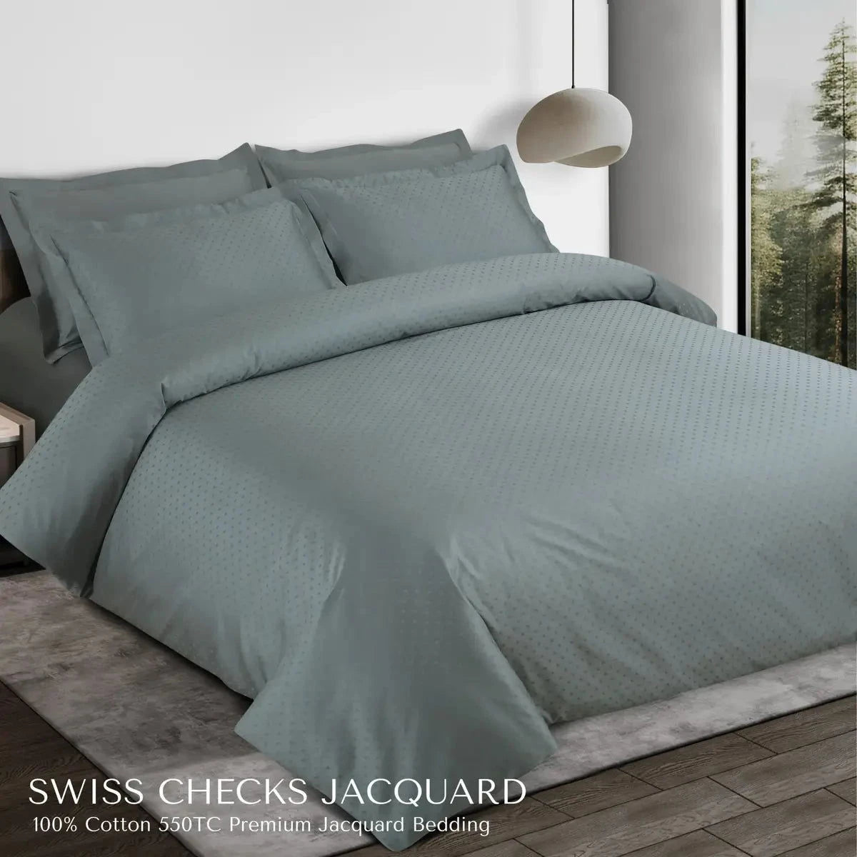 Swiss Checks Jacquard Olive Green King Size Bedsheet Set - Pallodstore