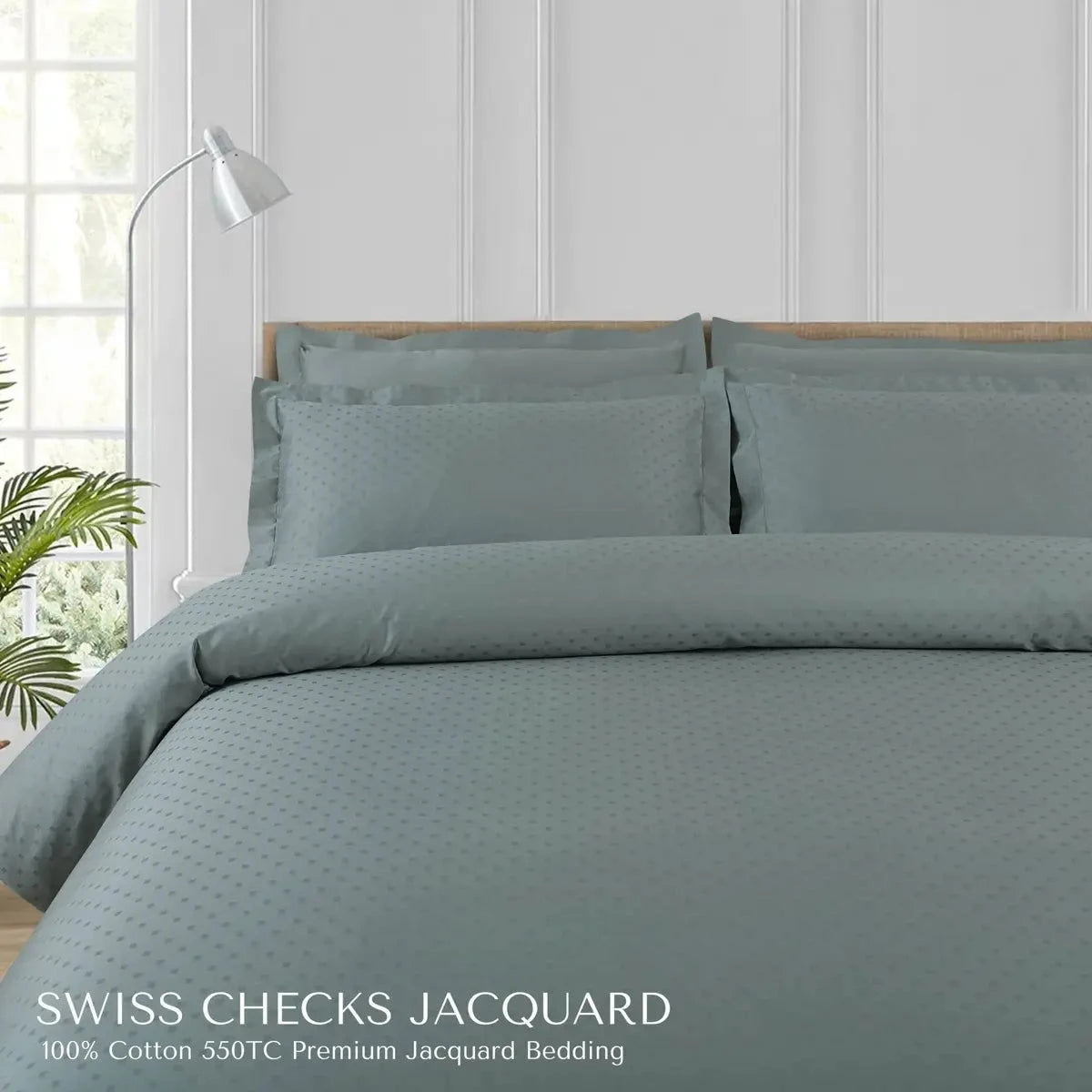 Swiss Checks Jacquard Olive Green King Size Bedsheet Set - Pallodstore