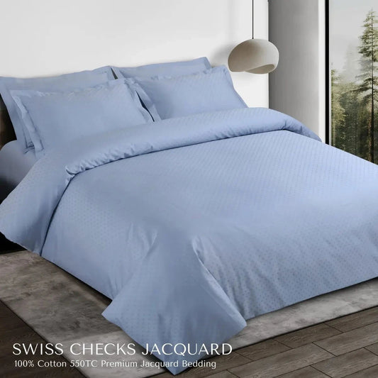 Swiss Checks Jacquard Pigeon Blue King Size Bedsheet Set - Pallodstore