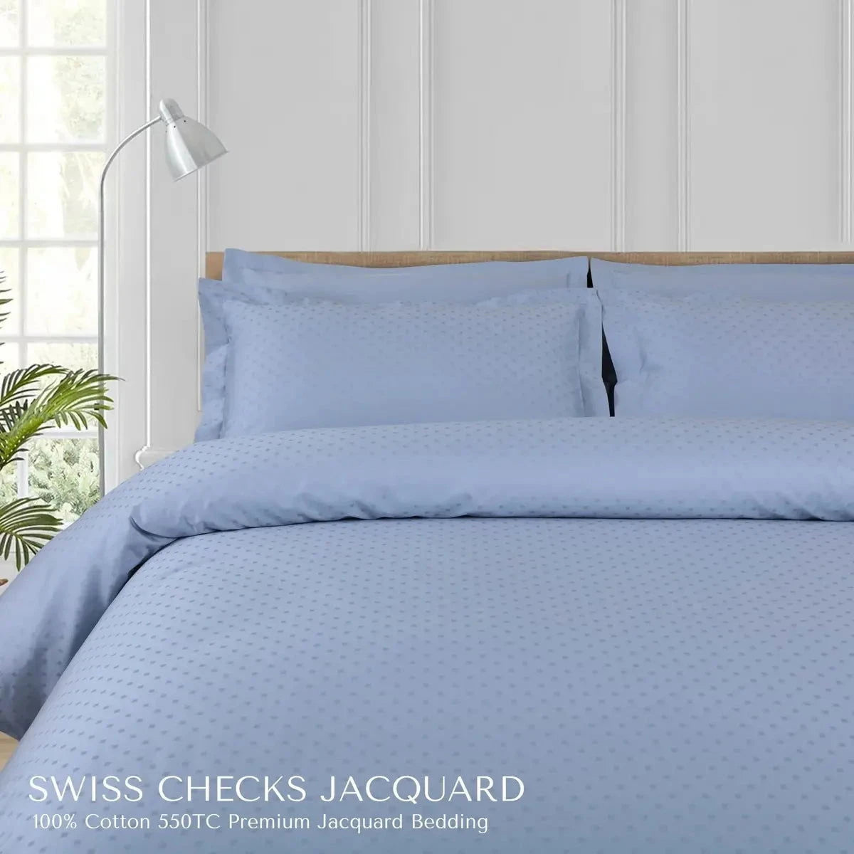 Swiss Checks Jacquard Pigeon Blue King Size Bedsheet Set - Pallodstore