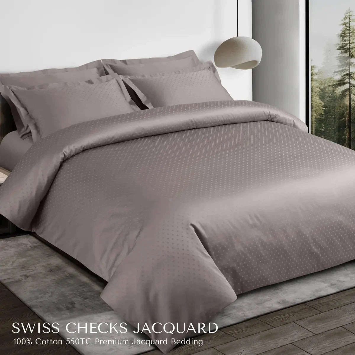 Swiss Checks Jacquard Taupe Brown King Size Bedsheet Set - Pallodstore