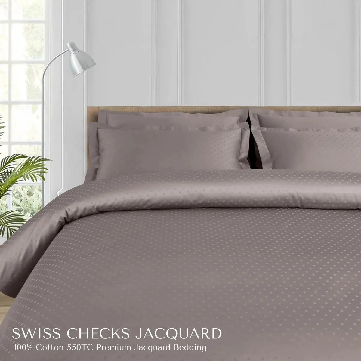 Swiss Checks Jacquard Taupe Brown King Size Bedsheet Set - Pallodstore