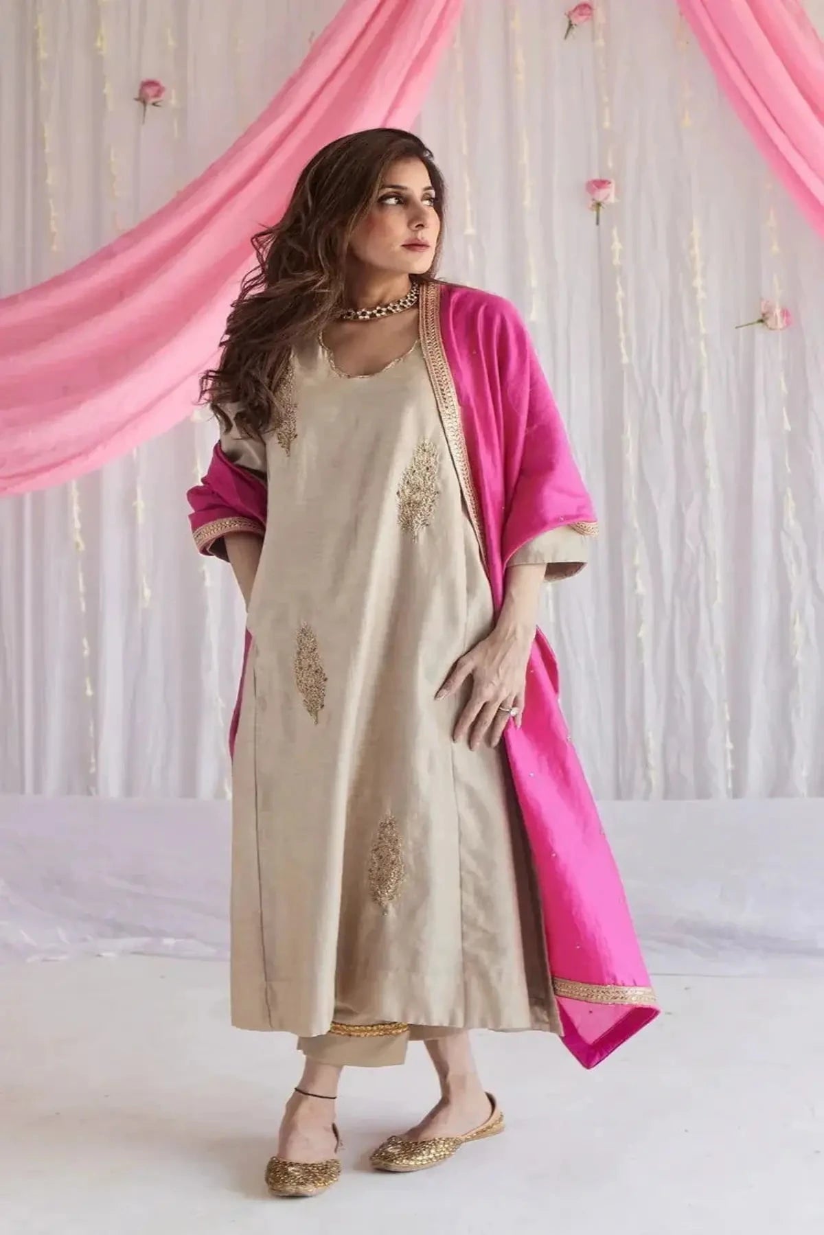 Tannu Kurta In Pearl Beige Chanderi With Pants And Dupatta - Pallodstore