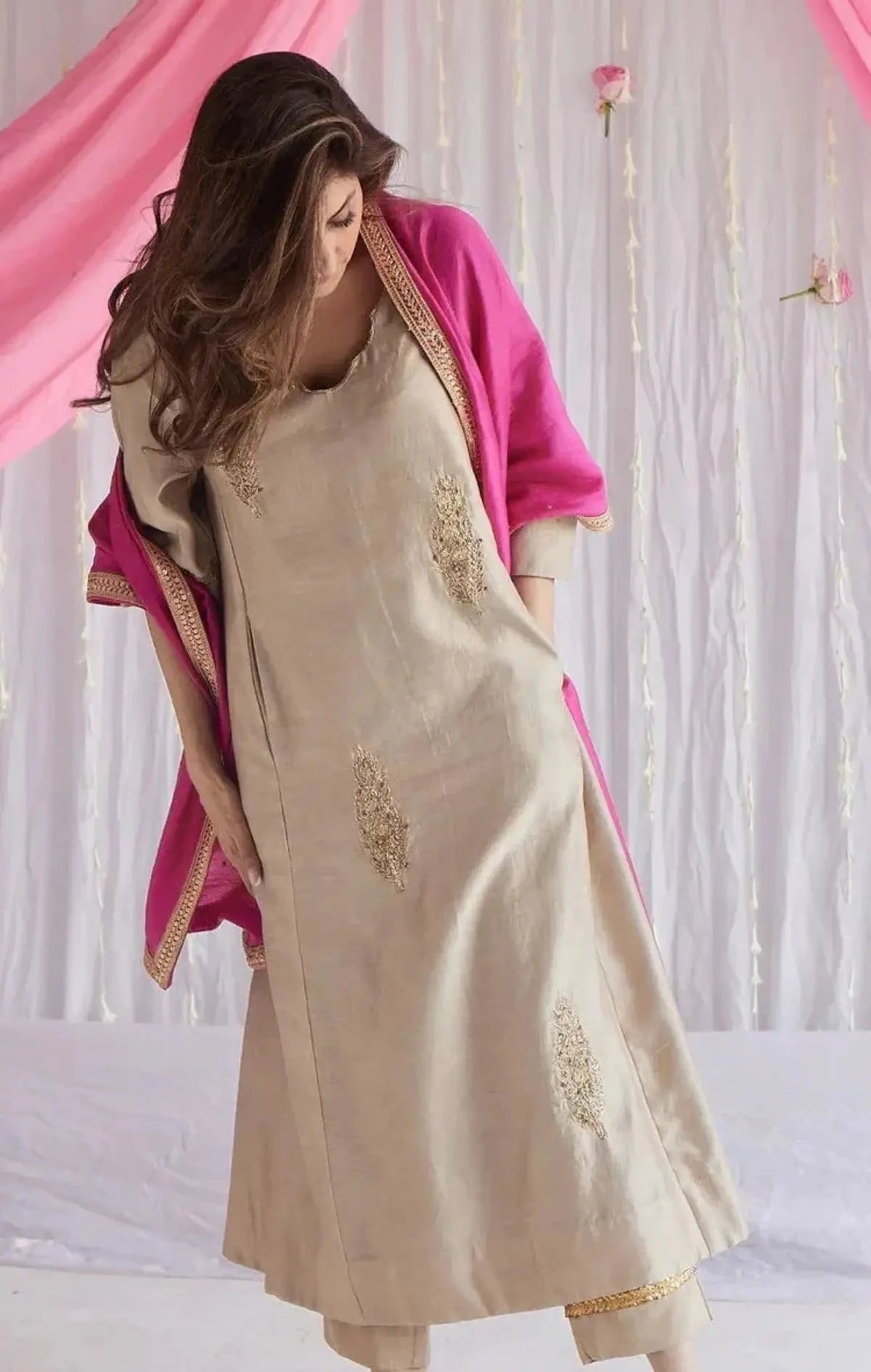 Tannu Kurta In Pearl Beige Chanderi With Pants And Dupatta - Pallodstore