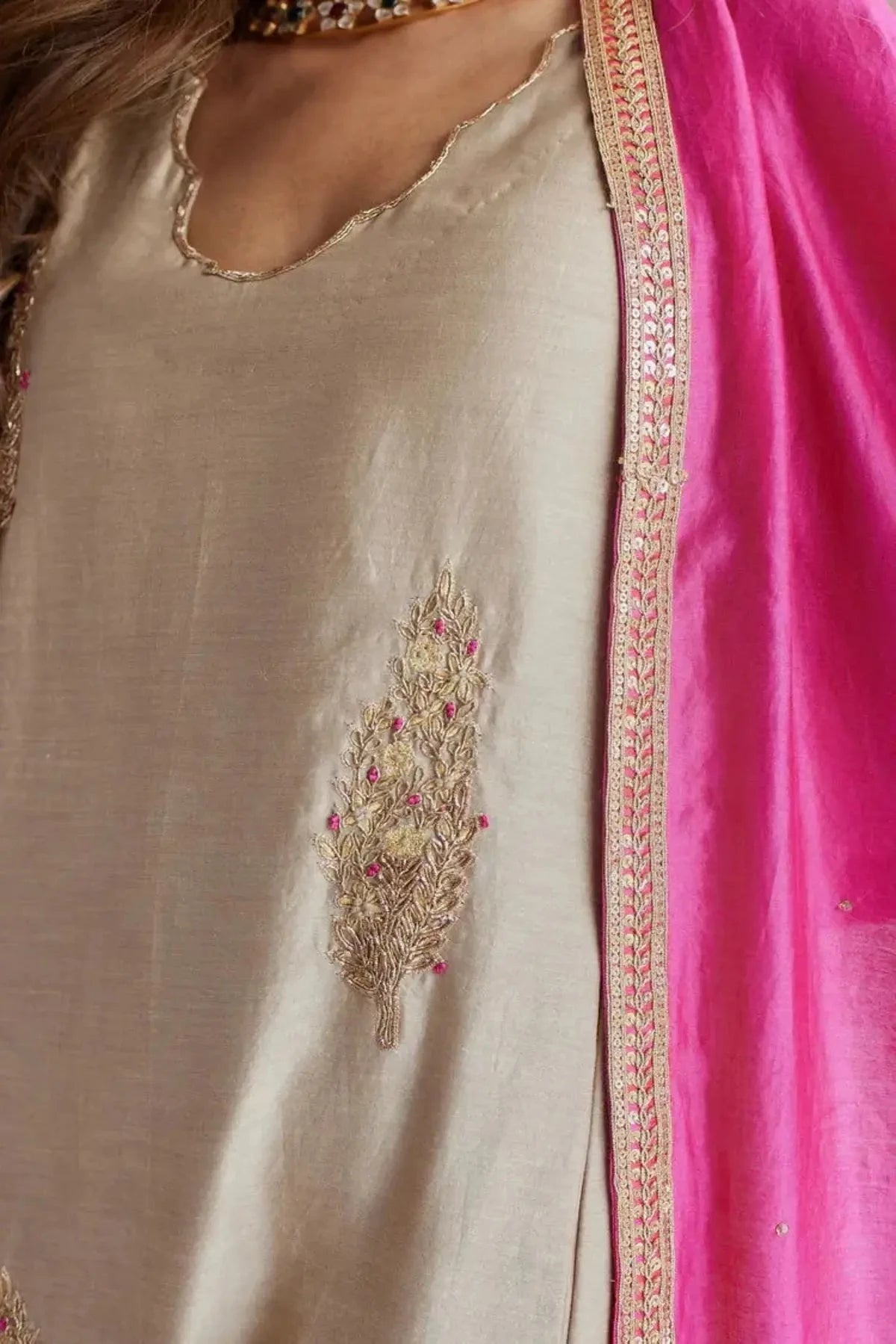 Tannu Kurta In Pearl Beige Chanderi With Pants And Dupatta - Pallodstore