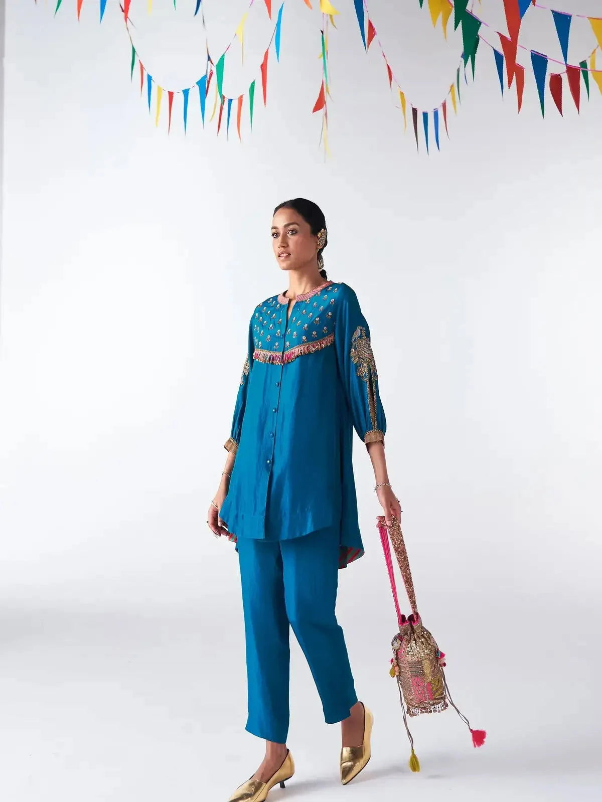 Teal Blue Silk Co-Ord Set - Pallodstore