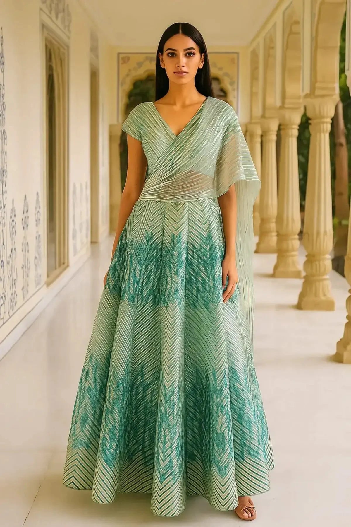 Teal Indo Western Lehenga - Pallodstore
