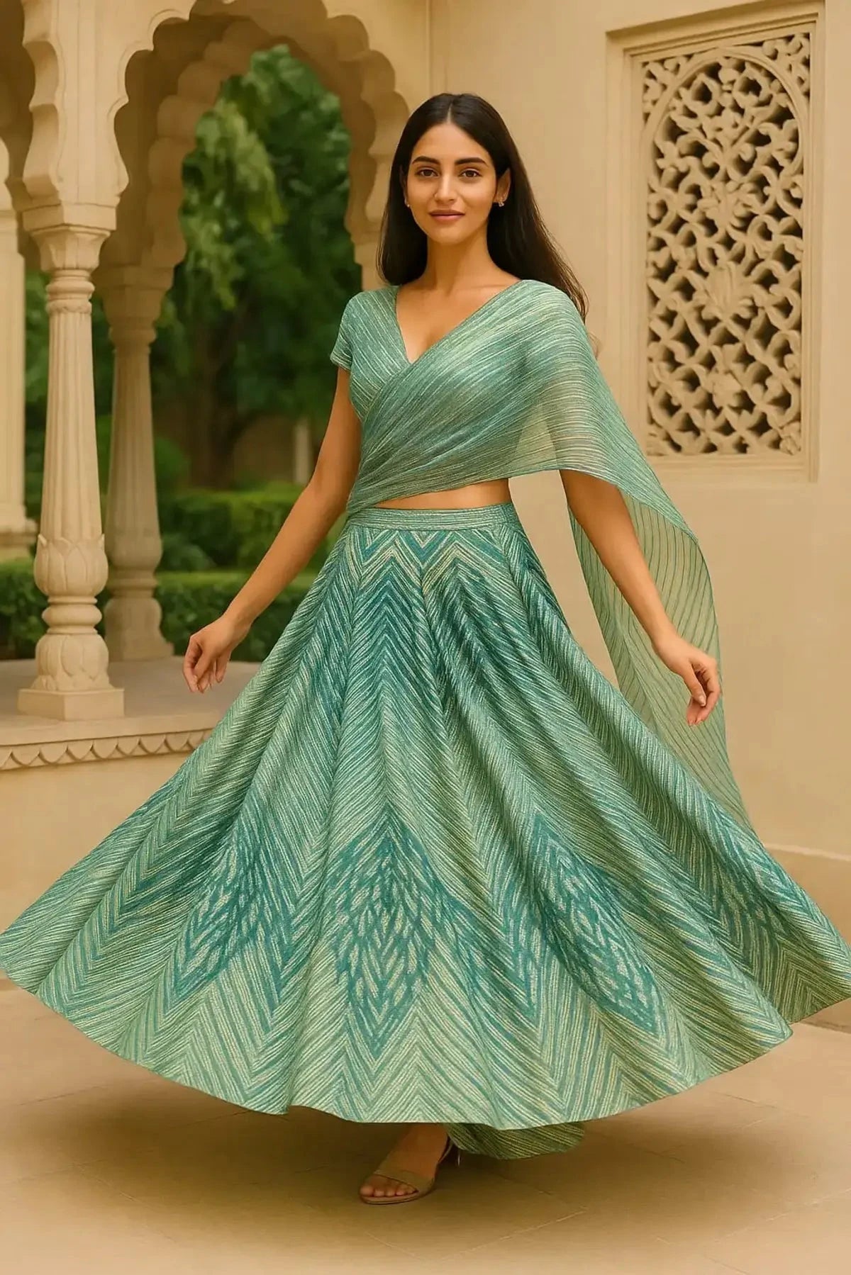 Teal Indo Western Lehenga - Pallodstore