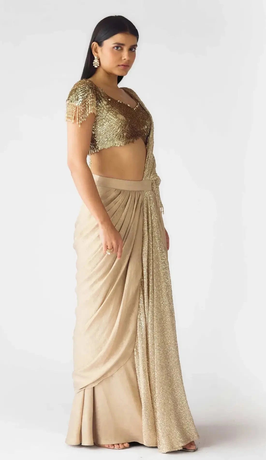 The Celestial Glow Gold Draped Saree - Pallodstore