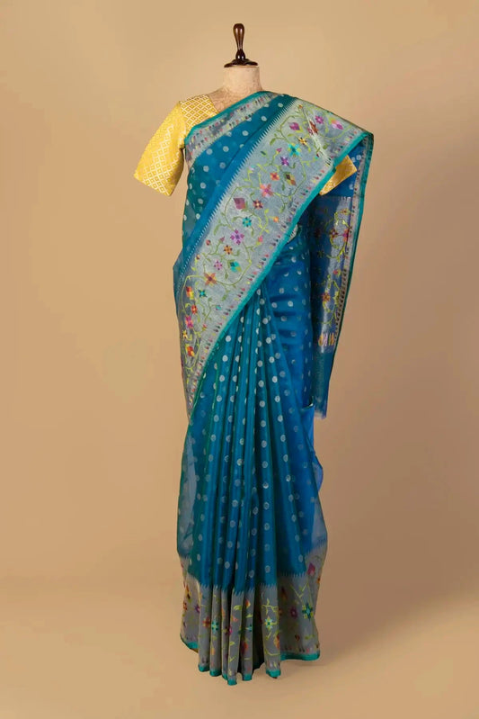 Turquoise Blue Kora Organza Saree - Pallodstore